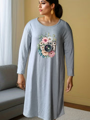 Floral Camera Graphic Long Sleeve Tee Dress