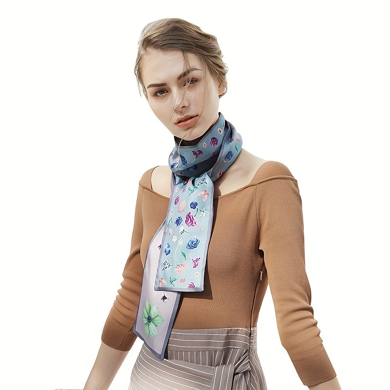 Floral Print Ribbon Neckerchief Satin Twilly Scarf Skinny Scarf