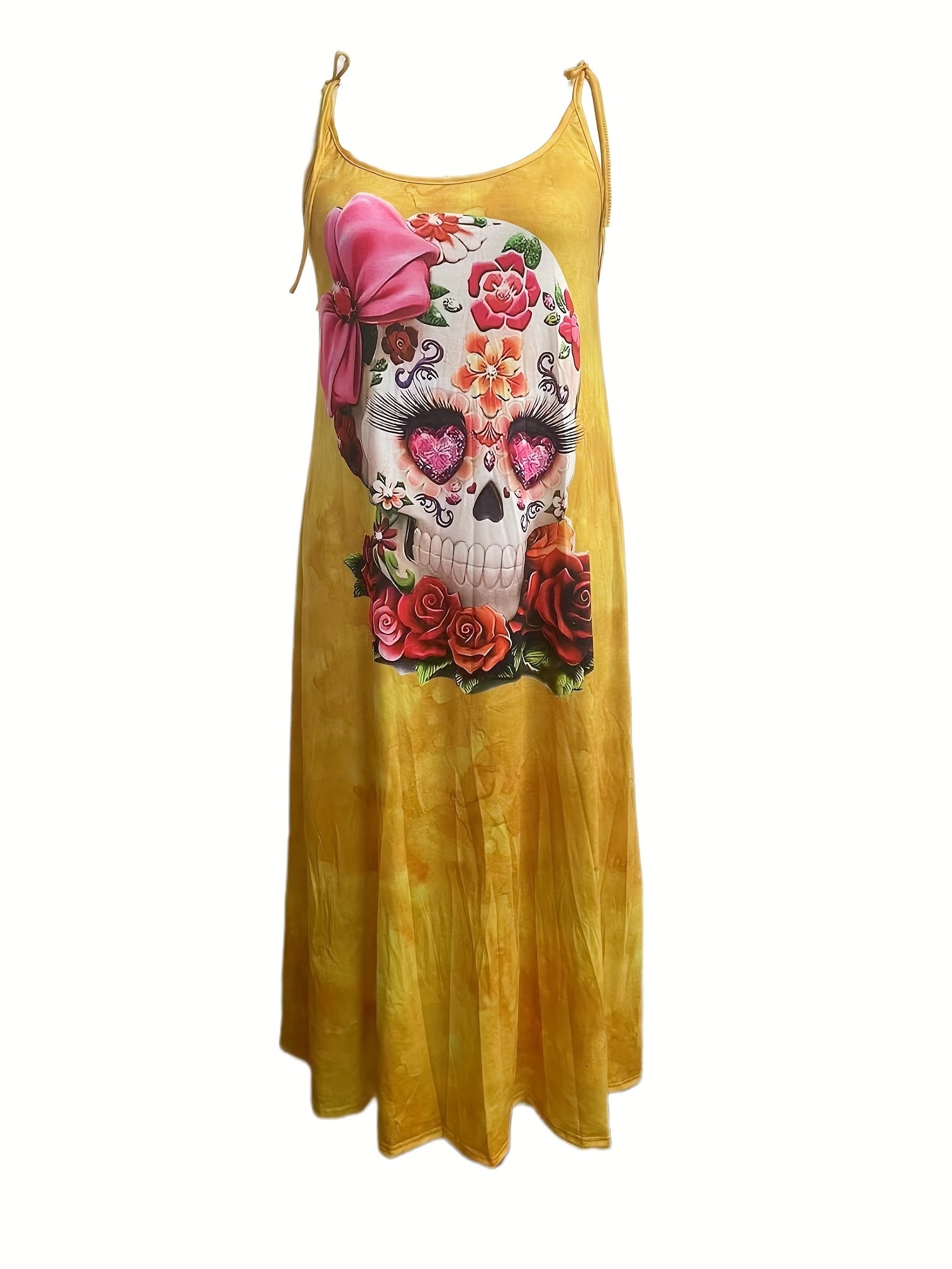 Skull Print Maxi Dress Round Neck Tie Front Plus Size Gothic Dress