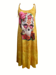 Skull Print Maxi Dress Round Neck Tie Front Plus Size Gothic Dress