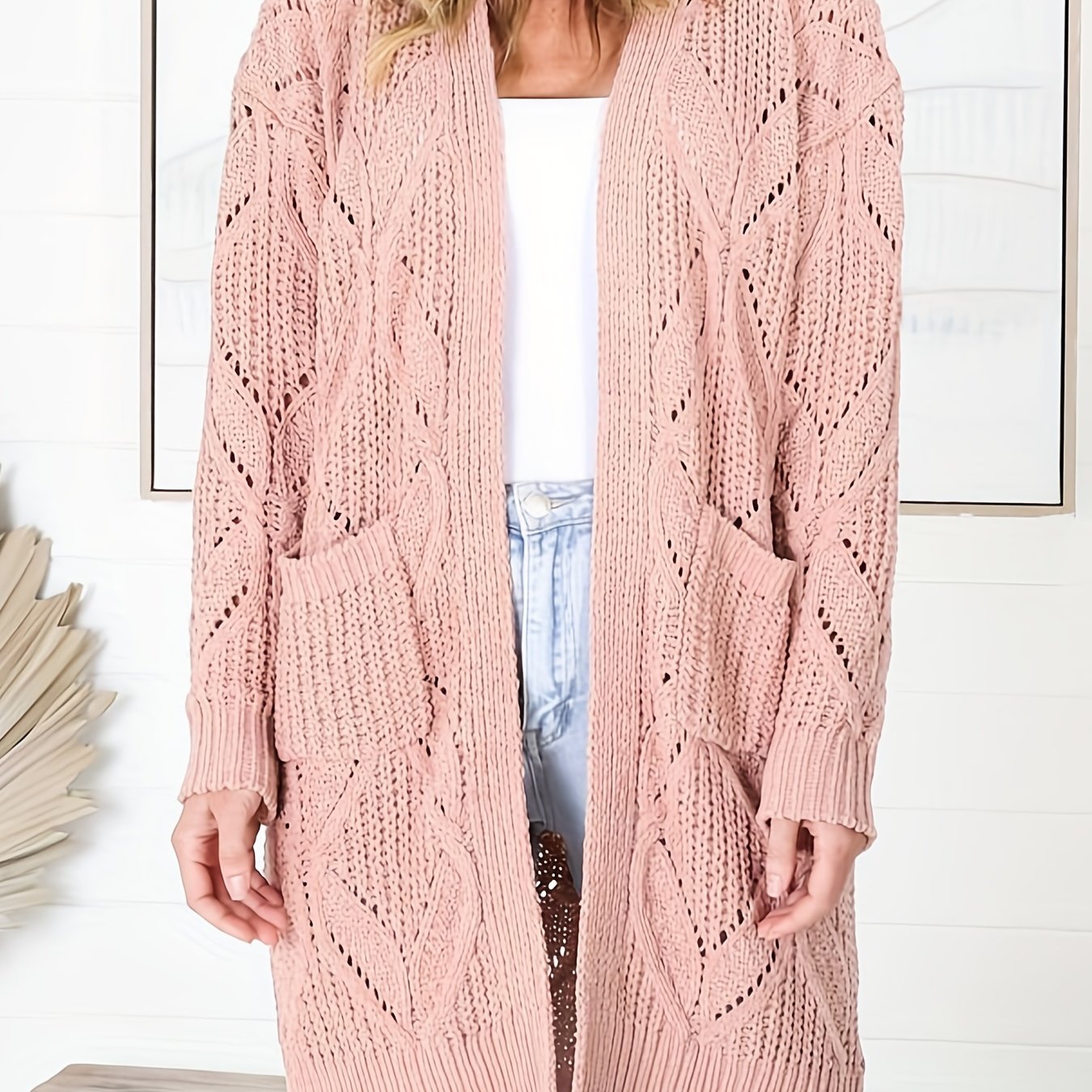 Solid Knit Long Sleeve Cardigan With Pockets