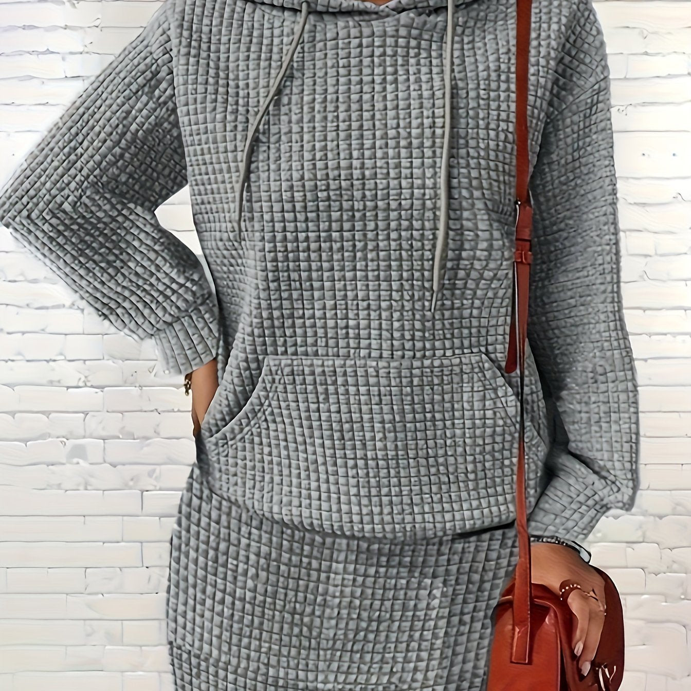 Solid Textured Hooded Sweatshirt & Mini Skirt Outfits Set