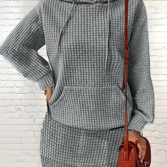 Solid Textured Hooded Sweatshirt & Mini Skirt Outfits Set
