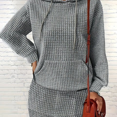 Solid Textured Hooded Sweatshirt & Mini Skirt Outfits Set