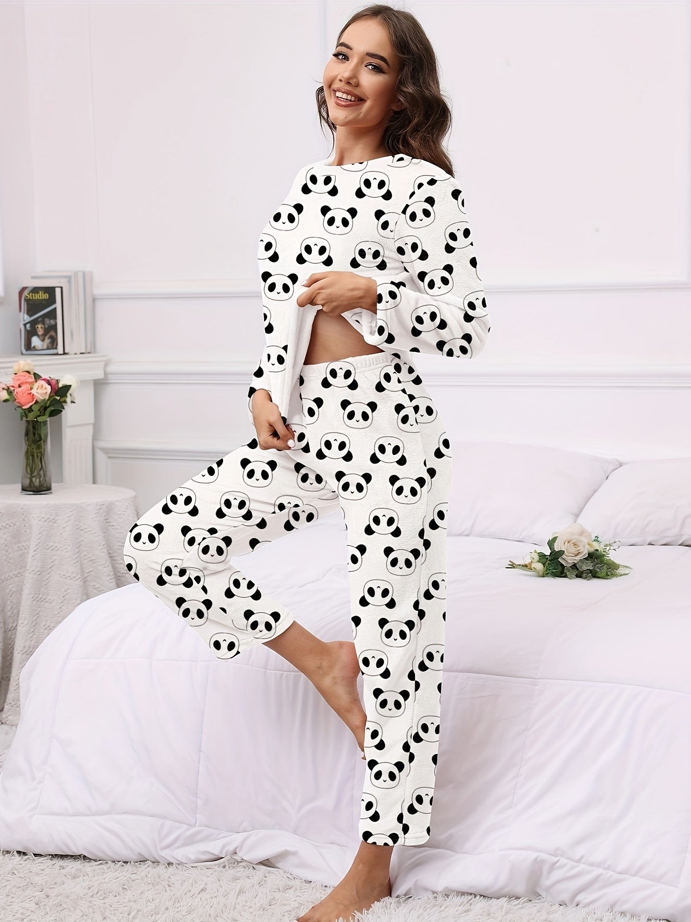 Panda Print Pajama Set Long Sleeve Top & Elastic Waistband Pants