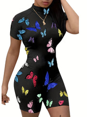 Butterfly Print Mock Neck Romper Jumpsuit Short Sleeve Casual Women's Clothing