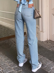 Ripped High Rise Straight Leg Jeans