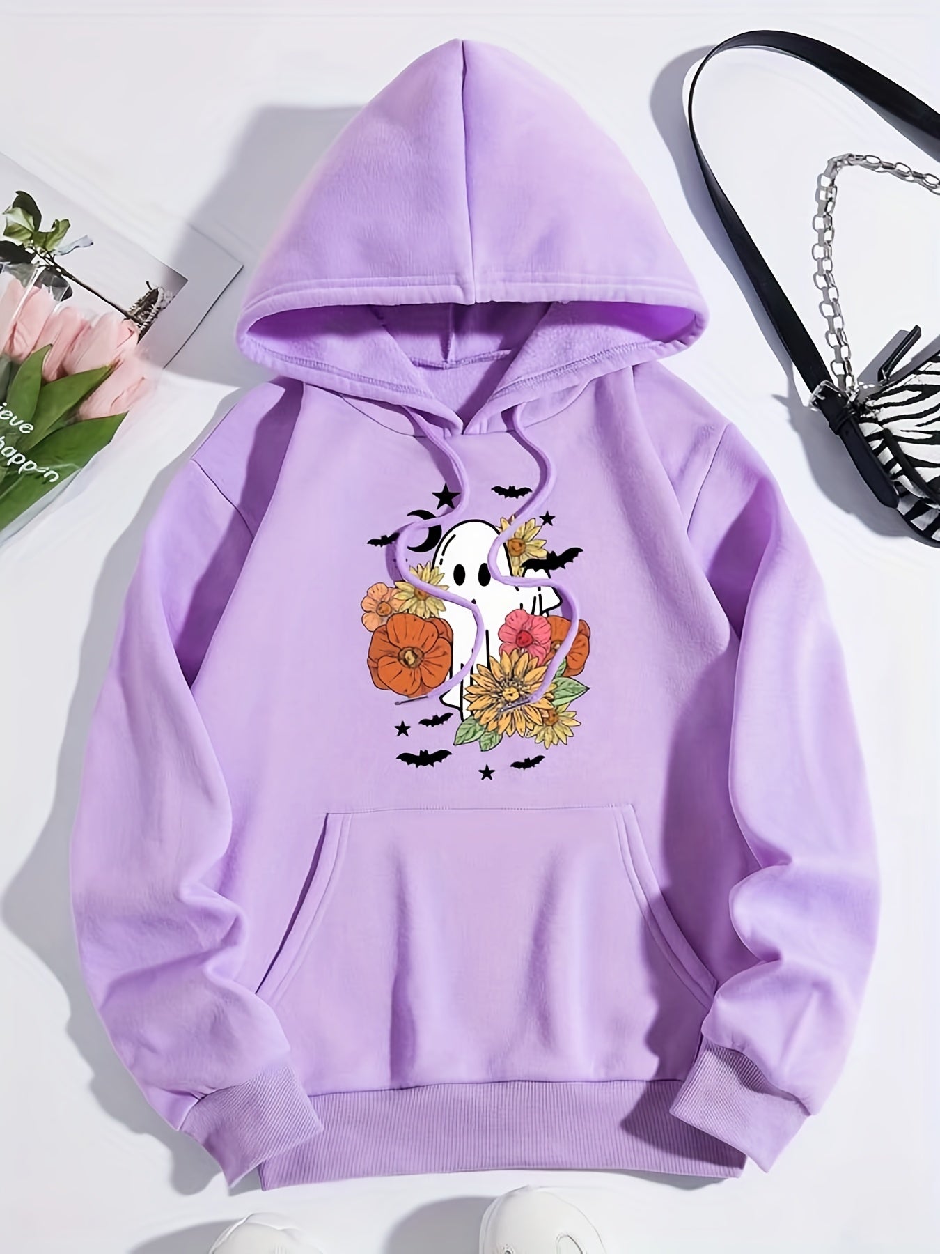 Halloween Print Kangaroo Pocket Hoodie Women's Sweatshirt