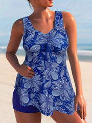 Boho Tankini Set Paisley Print Cross Back Ruched V Neck Cami Top & Sho