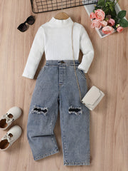 Ribbed Turtleneck Top & Ripped Denim Pants Set for Girls
