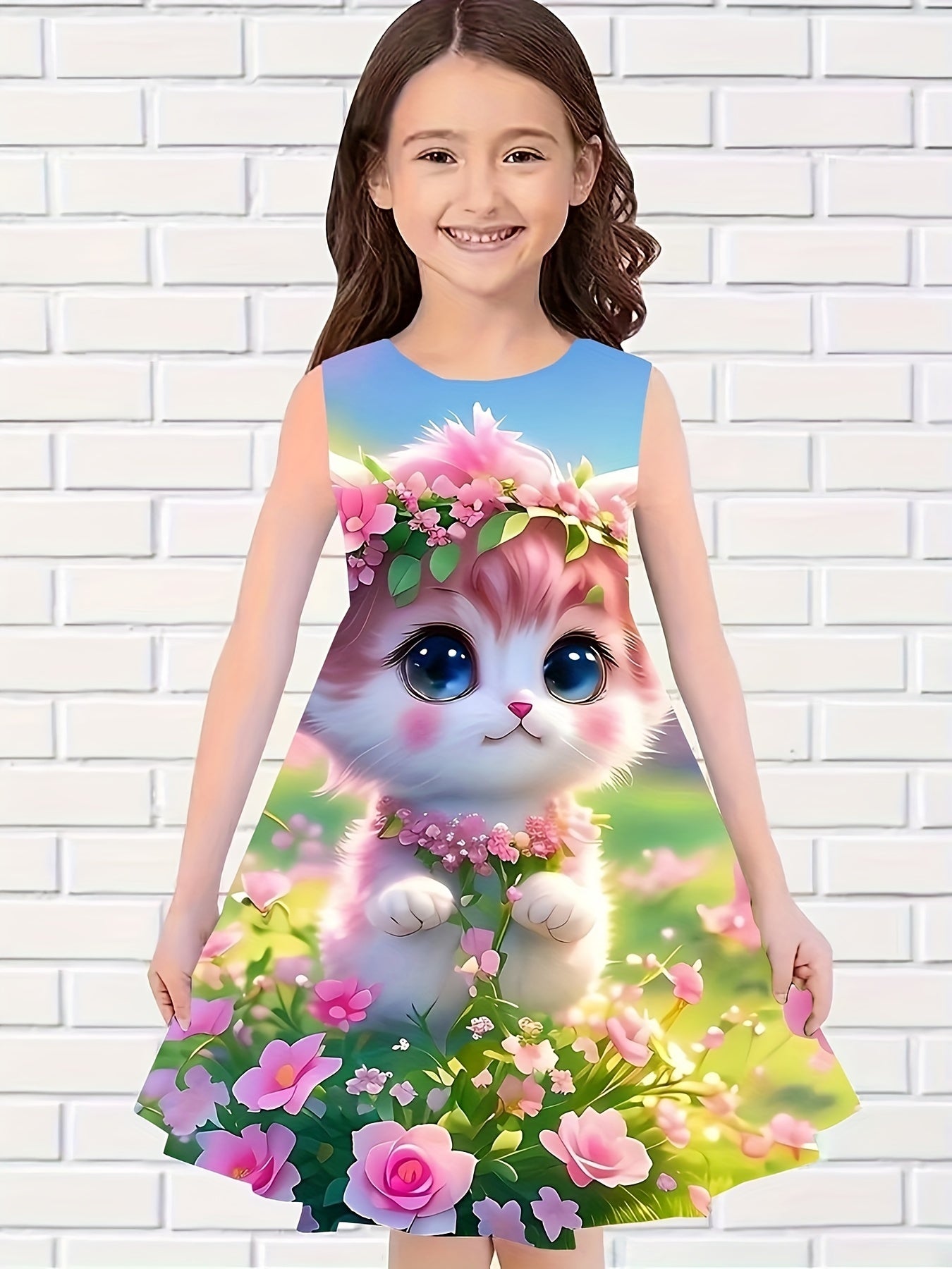 Girls Flower Cat Sleeveless Dress for Summer