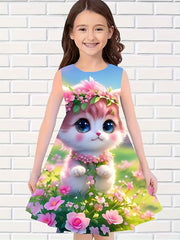 Girls Flower Cat Sleeveless Dress for Summer