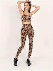 2pcs Leopard Print Yoga Set Cami Tank Top & Leggings Suit Women's Activewear