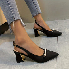 Pearl Chunky Heel Point Toe Pumps Slingback Buckle Strap