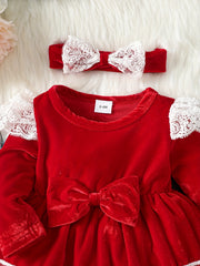 Bow Long Sleeve Tutu Dress With Lace Floral Trim & Headscarf