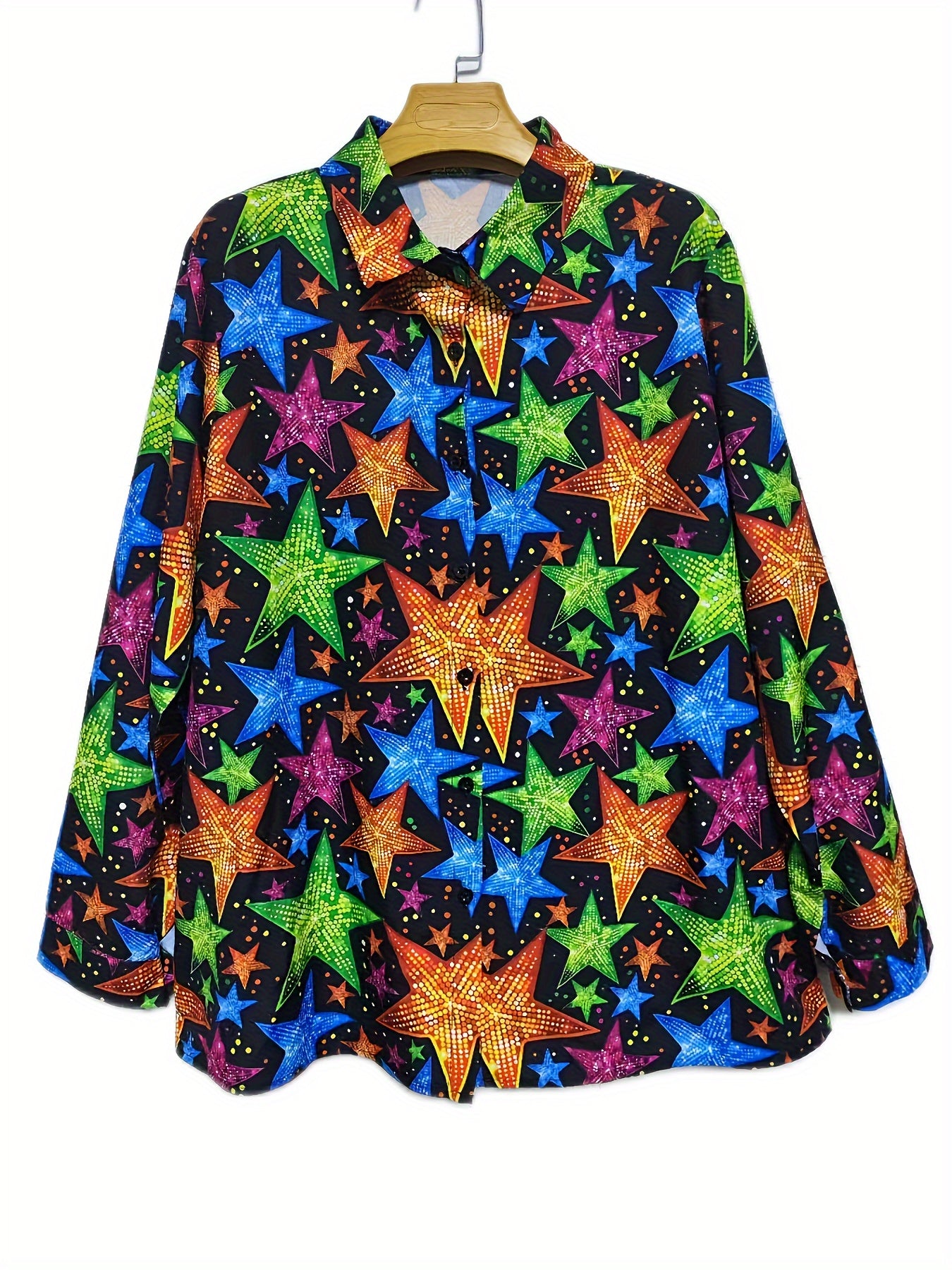 Casual Blouse Women's Plus Star Print Long Sleeve Button Up Shirt