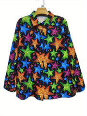 Casual Blouse Women's Plus Star Print Long Sleeve Button Up Shirt