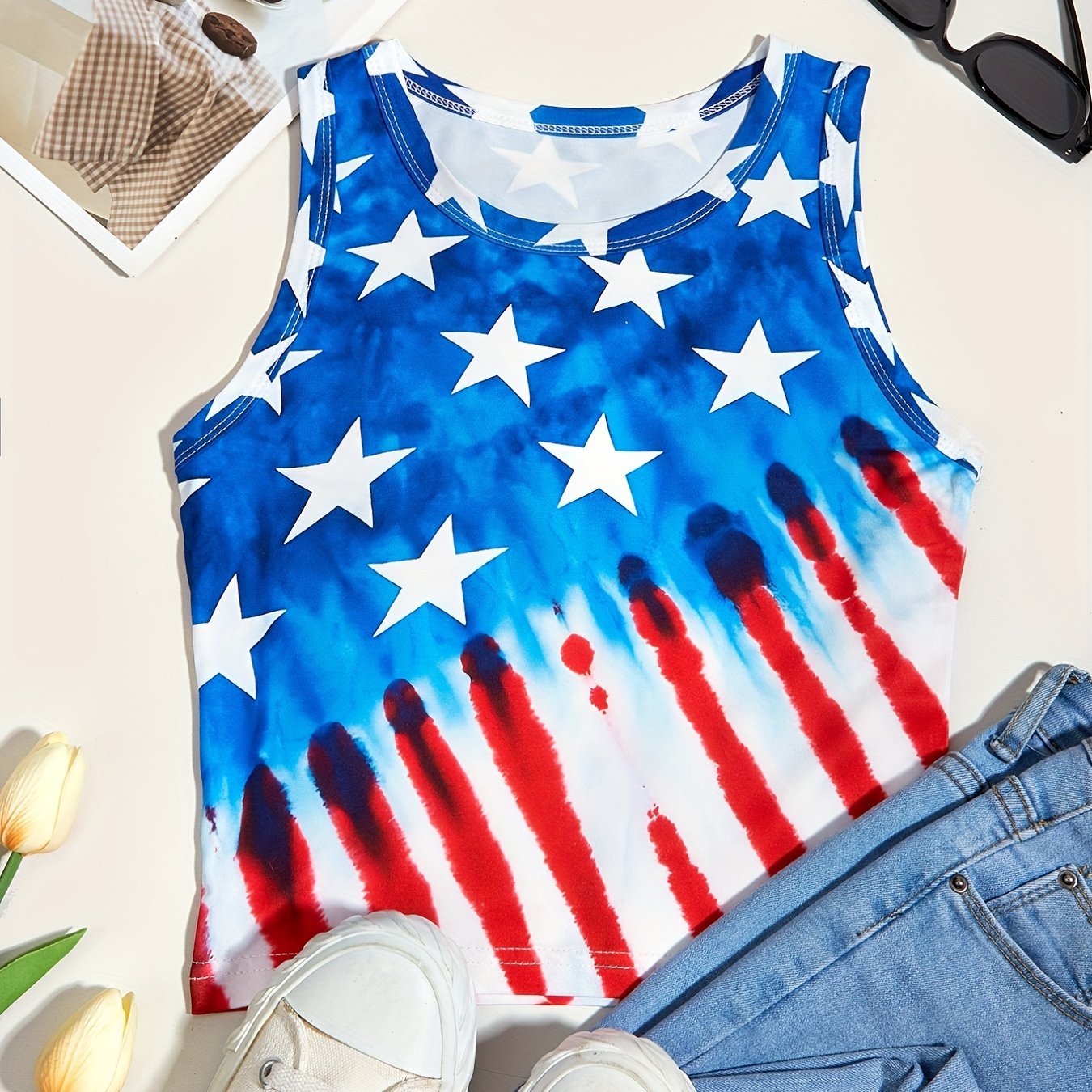 Star & Stripe Print Tank Top Sleeveless for Summer