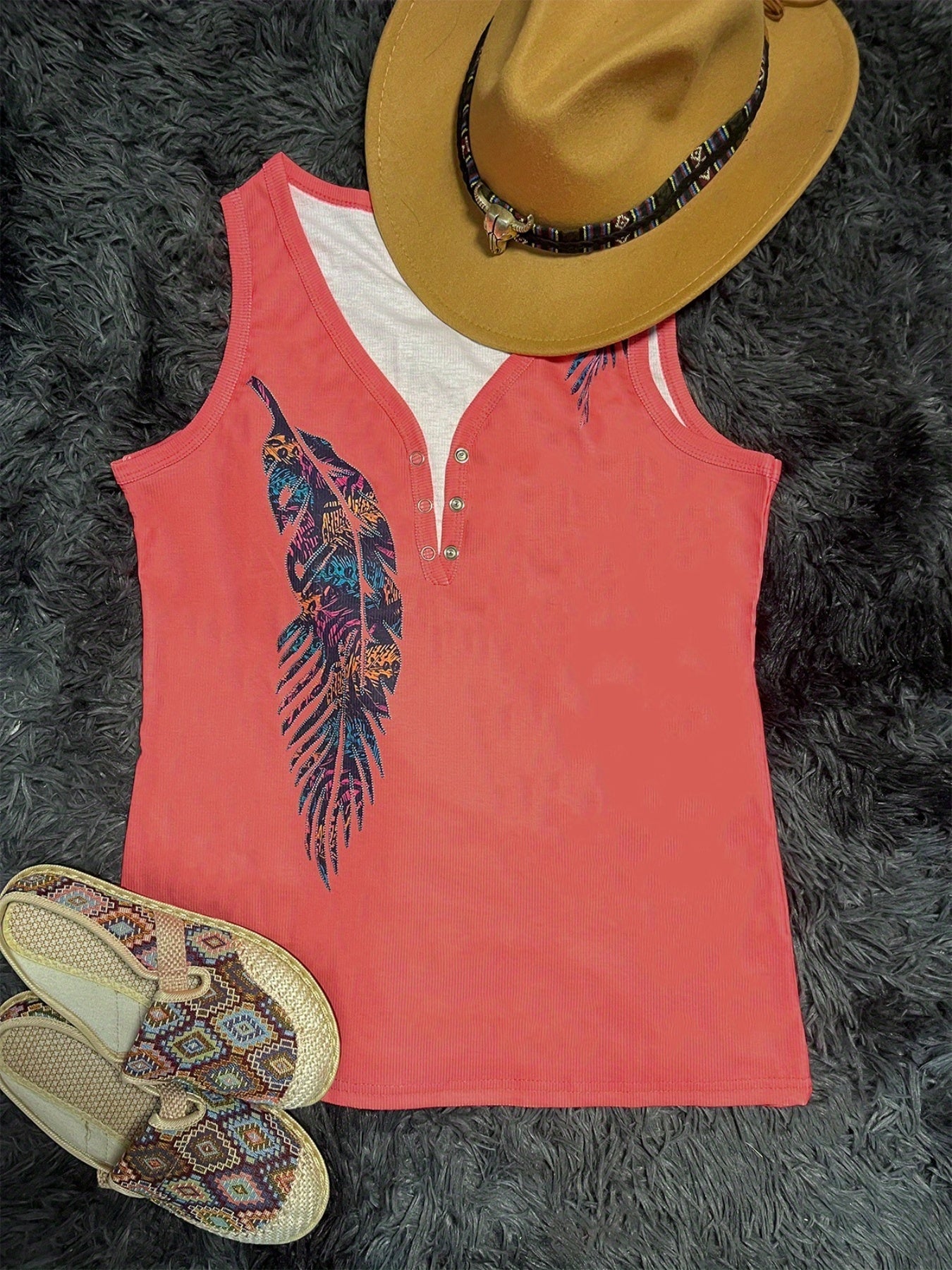Feather Print V-Neck Tank Top Sleeveless Casual Women's Top