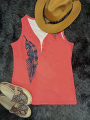 Feather Print V-Neck Tank Top Sleeveless Casual Women's Top