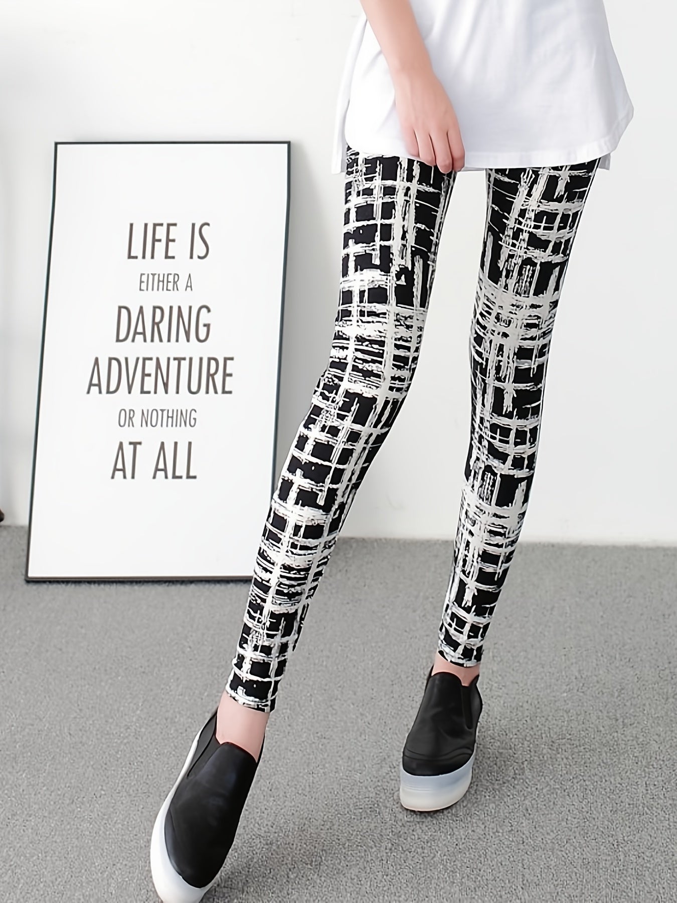 Plaid Printed Yoga Cropped Pants High Waist Stretchy Workout Outwear Pants Women