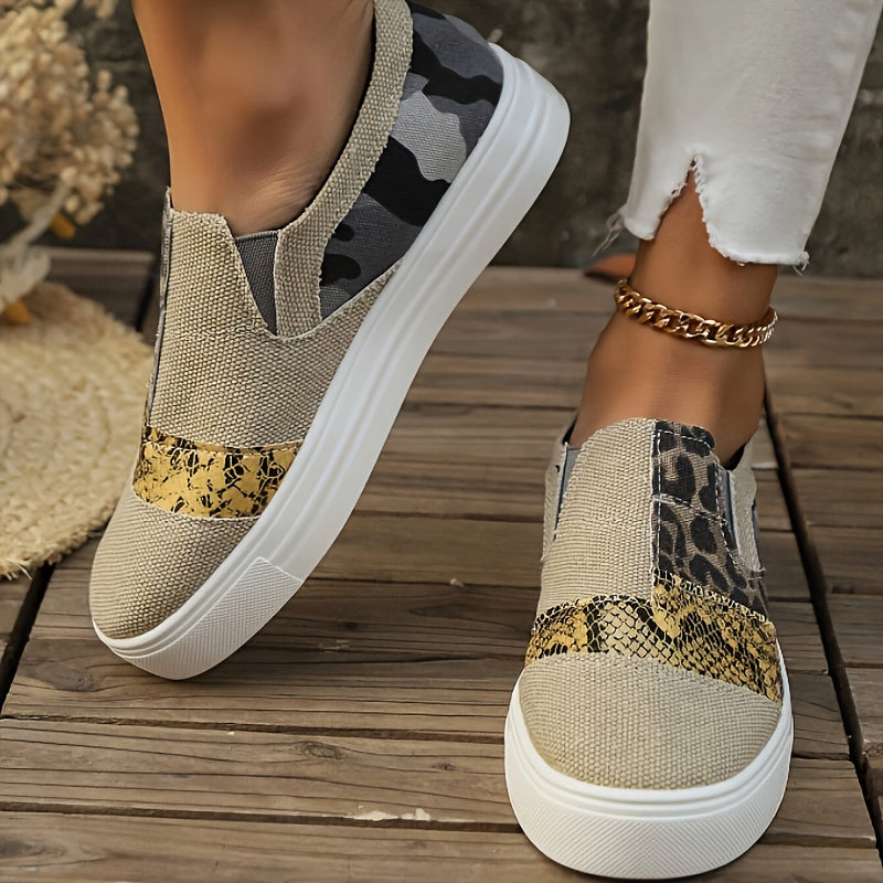 Leopard & Snakeskin Patchwork Canvas Shoes Low Slip Casual Flats