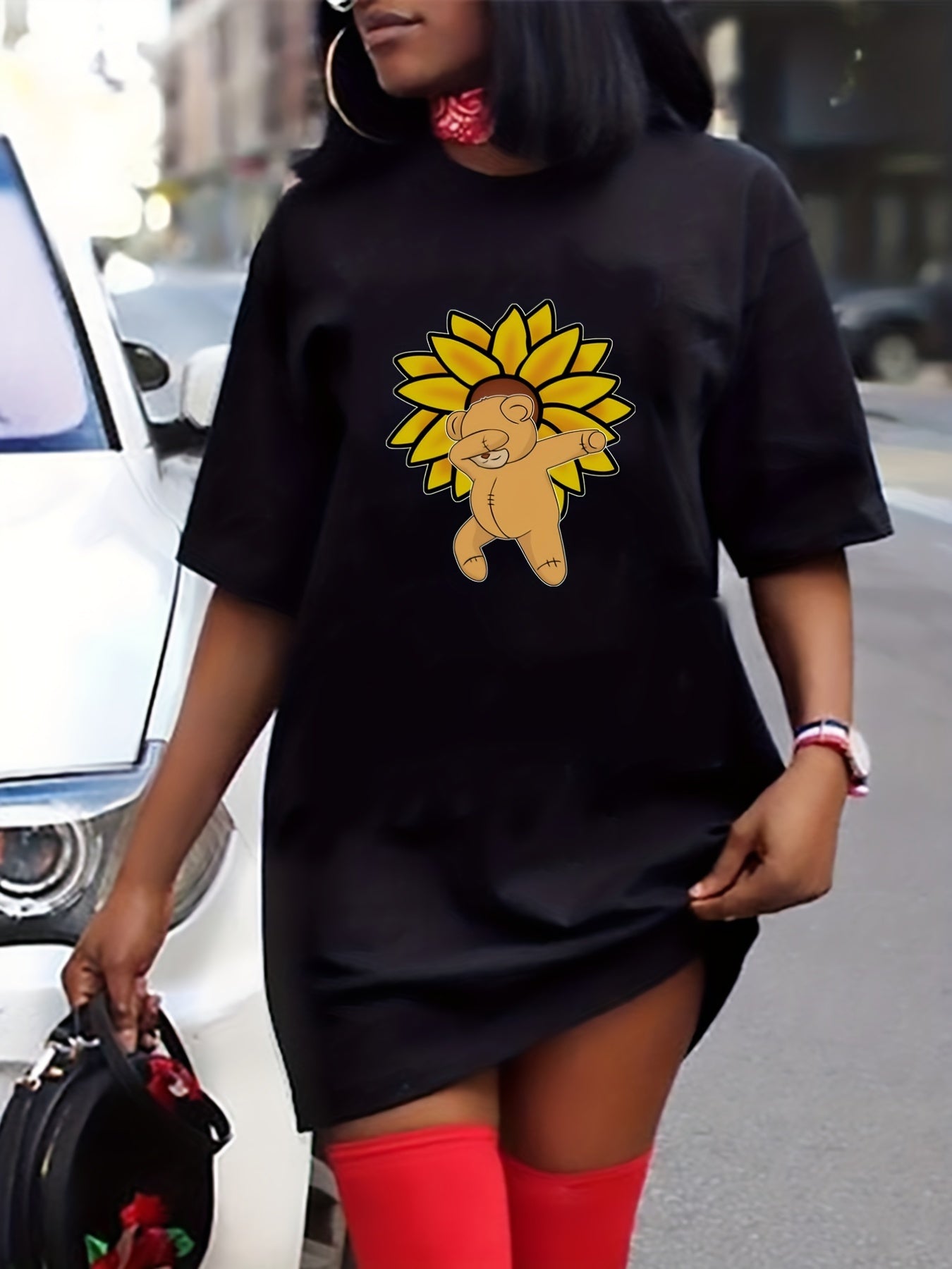 Bear & Floral Print Short Sleeve Casual Dress