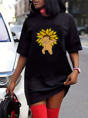 Bear & Floral Print Short Sleeve Casual Dress