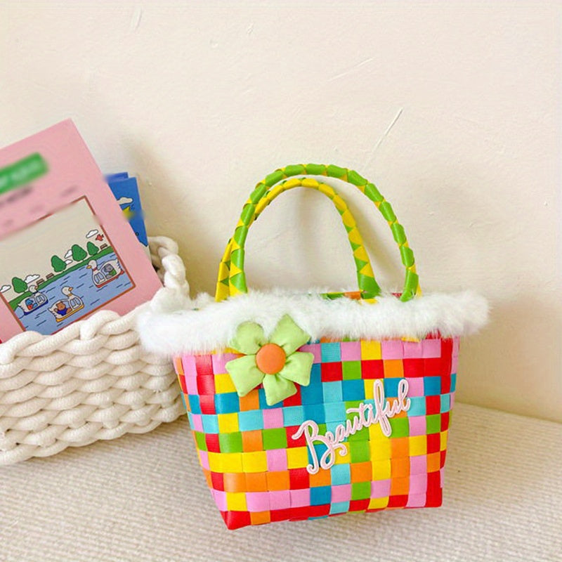 Girls Colorful Braided Basket Bag Handbag With Flower Plush for Holiday Party