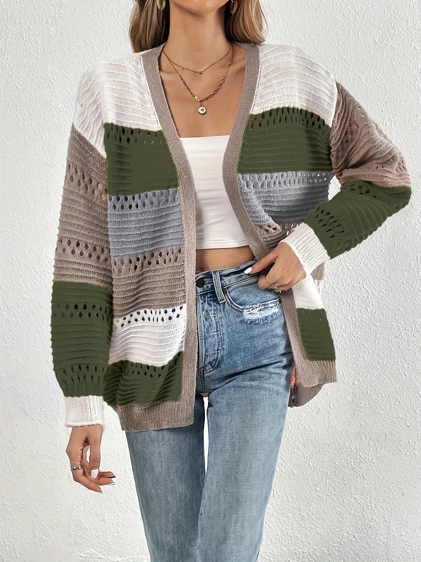 Cut Out Block Knit Cardigan Long Sleeve Sweater
