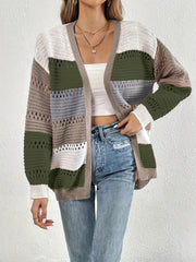 Cut Out Block Knit Cardigan Long Sleeve Sweater