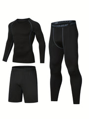 Men's Stretch Slim Fit Gym Outfit Set Long Sleeve T shirt And Shorts Legging Set
