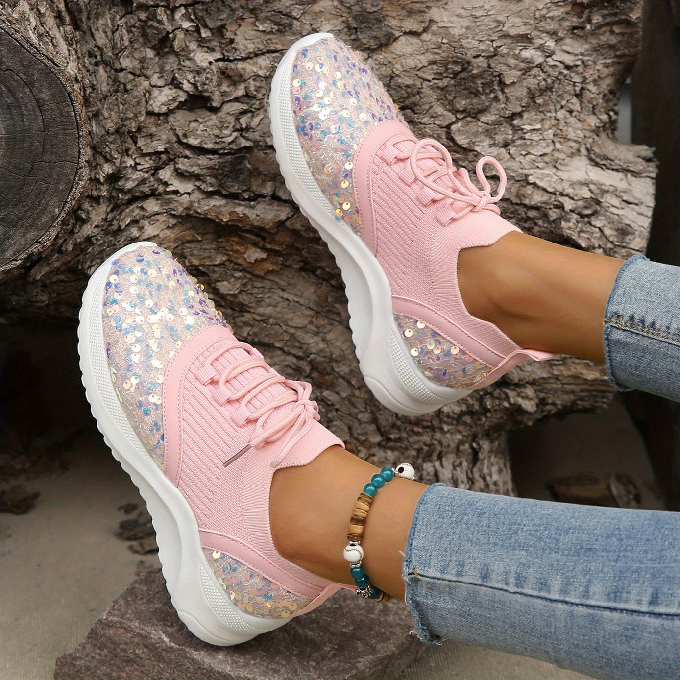 Women's Glitter Sequins Platform Sneakers Lace Up Outdoor Shoes Pink