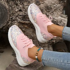 Women's Glitter Sequins Platform Sneakers Lace Up Outdoor Shoes Pink