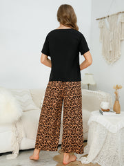Leopard Print Pajama Set Short Sleeve V Neck Top & Loose Pants
