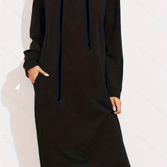 Solid Long Sleeve Drawstring Hooded Maxi Dress with Pockets