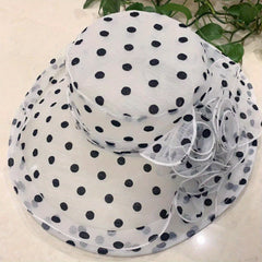 Polka Dot Organza Sun Hat Wide Brim Lace Ruffles Derby Hat