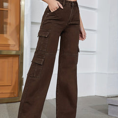 Solid Coffee Brown Cargo Jeans Side Flap Pocket High Rise Loose Denim Pants