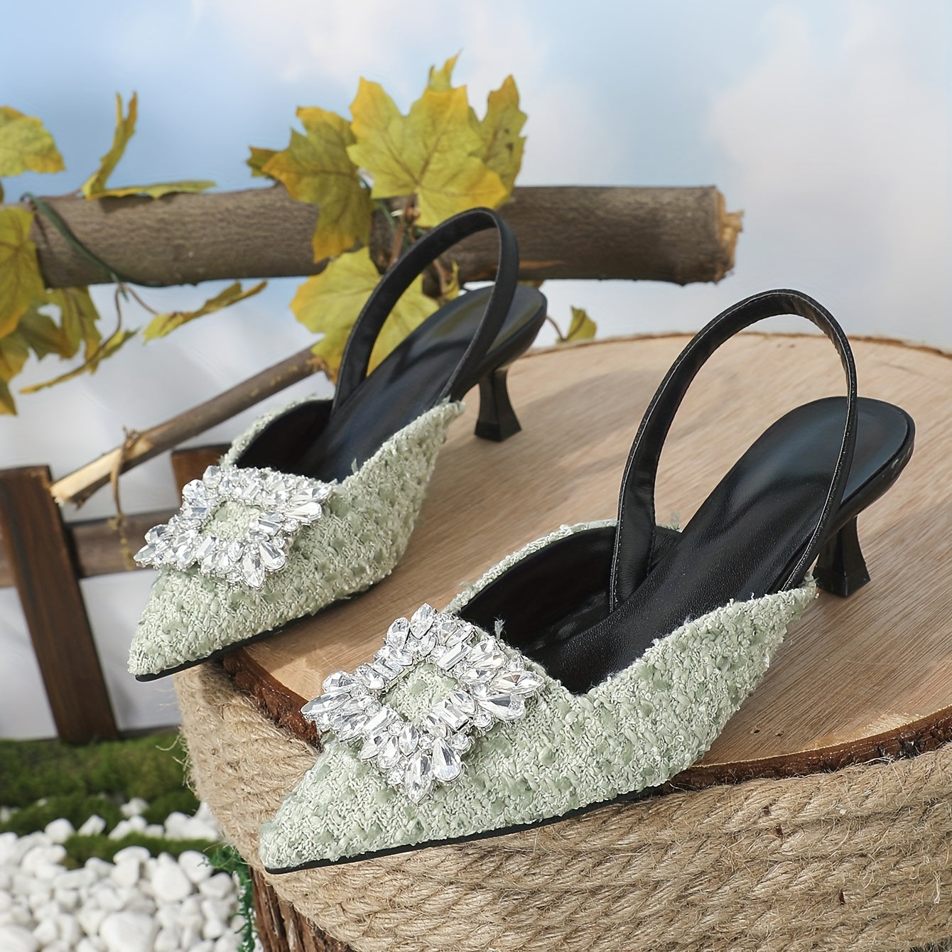 Women's Tweed Kitten Heels Rhinestone Square Buckle Slingback Sandals
