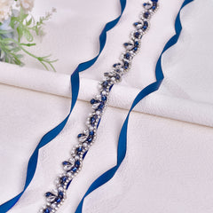 Navy Rhinestone Wedding Sash Beaded Waist Belt Adjustable Fit