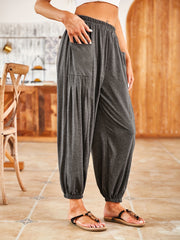 Solid Ruched Baggy Pants High Waist Elastic With Pockets