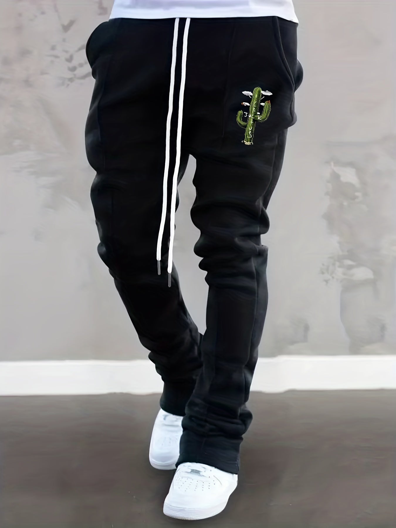 Cactus Pattern Slim Fit Flared Joggers Men's Casual Pants