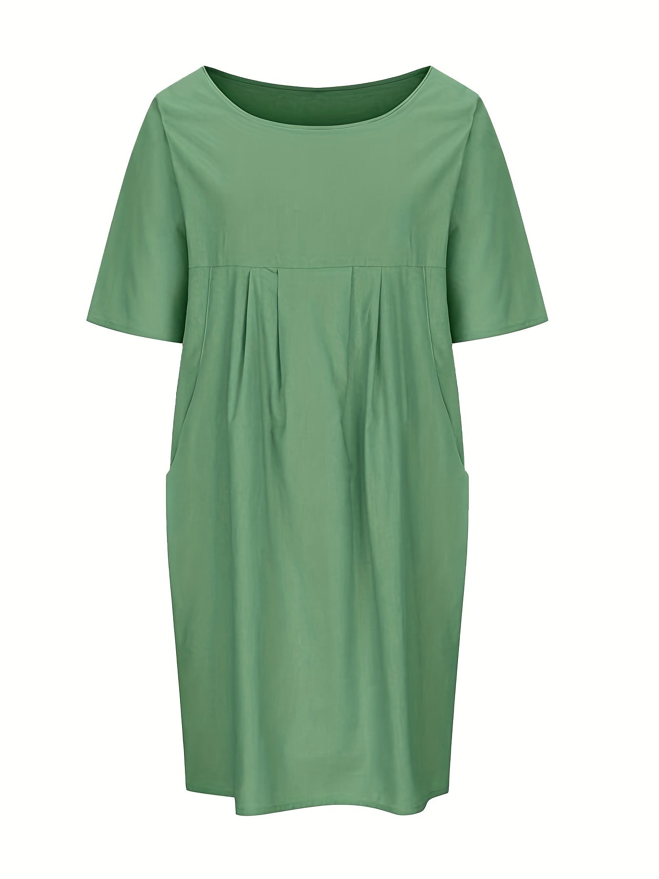 Solid Short Sleeve Round Neck Pleated Dress With Pockets