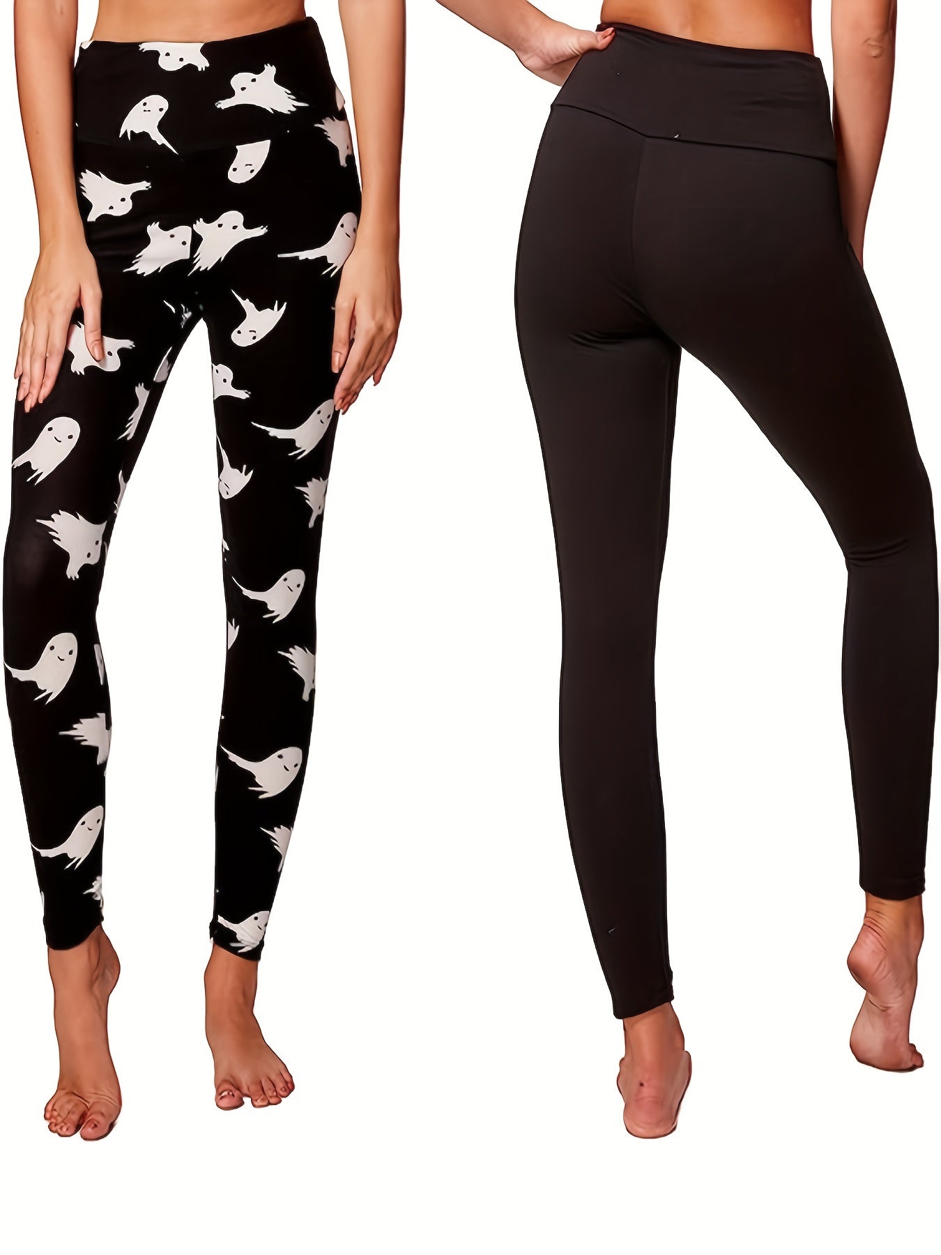 2 Pack Women's Plus Ghost Print & Solid Leggings Set