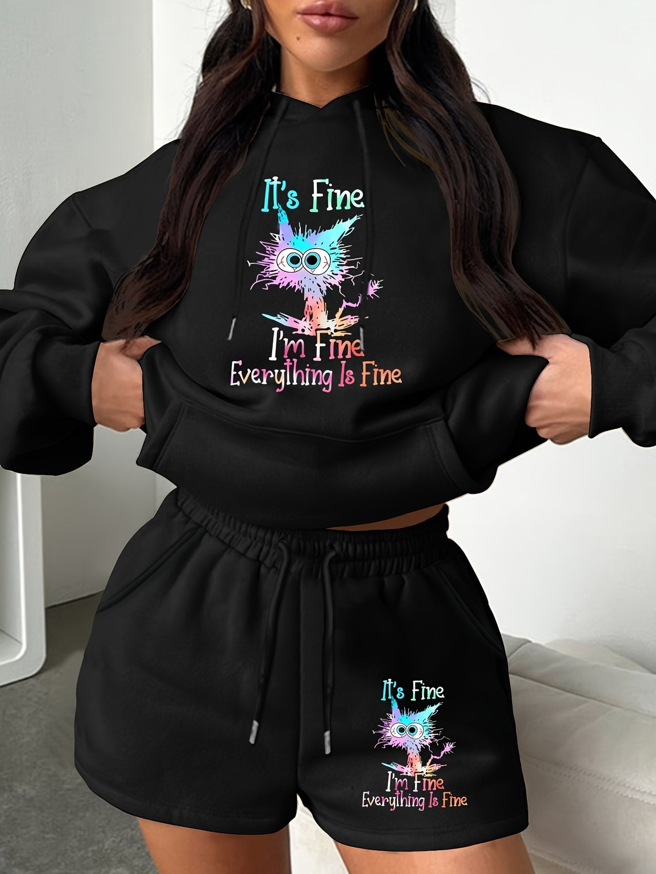 Women's Slogan & Cat Print Hoodie & Shorts Set
