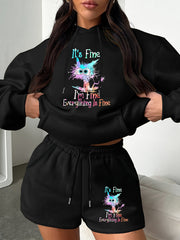 Women's Slogan & Cat Print Hoodie & Shorts Set