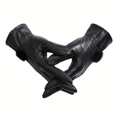 Women's PU Leather Plush Short Gloves for Riding Windproof