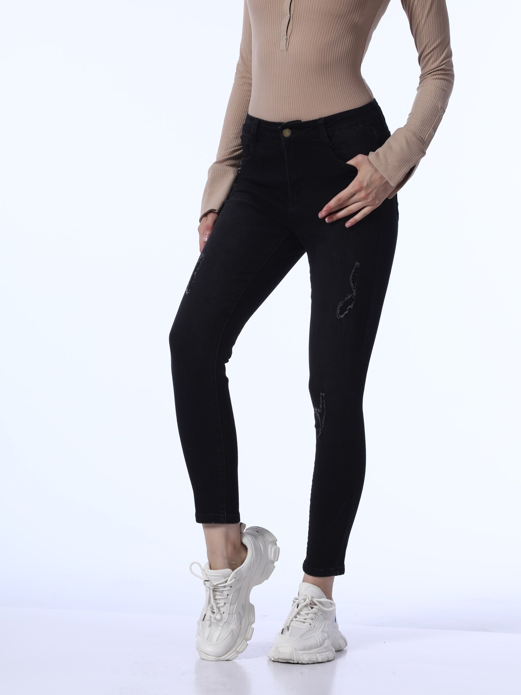 High Rise Ripped Cropped Skinny Jeans Mid Waist Distressed Denim Pants