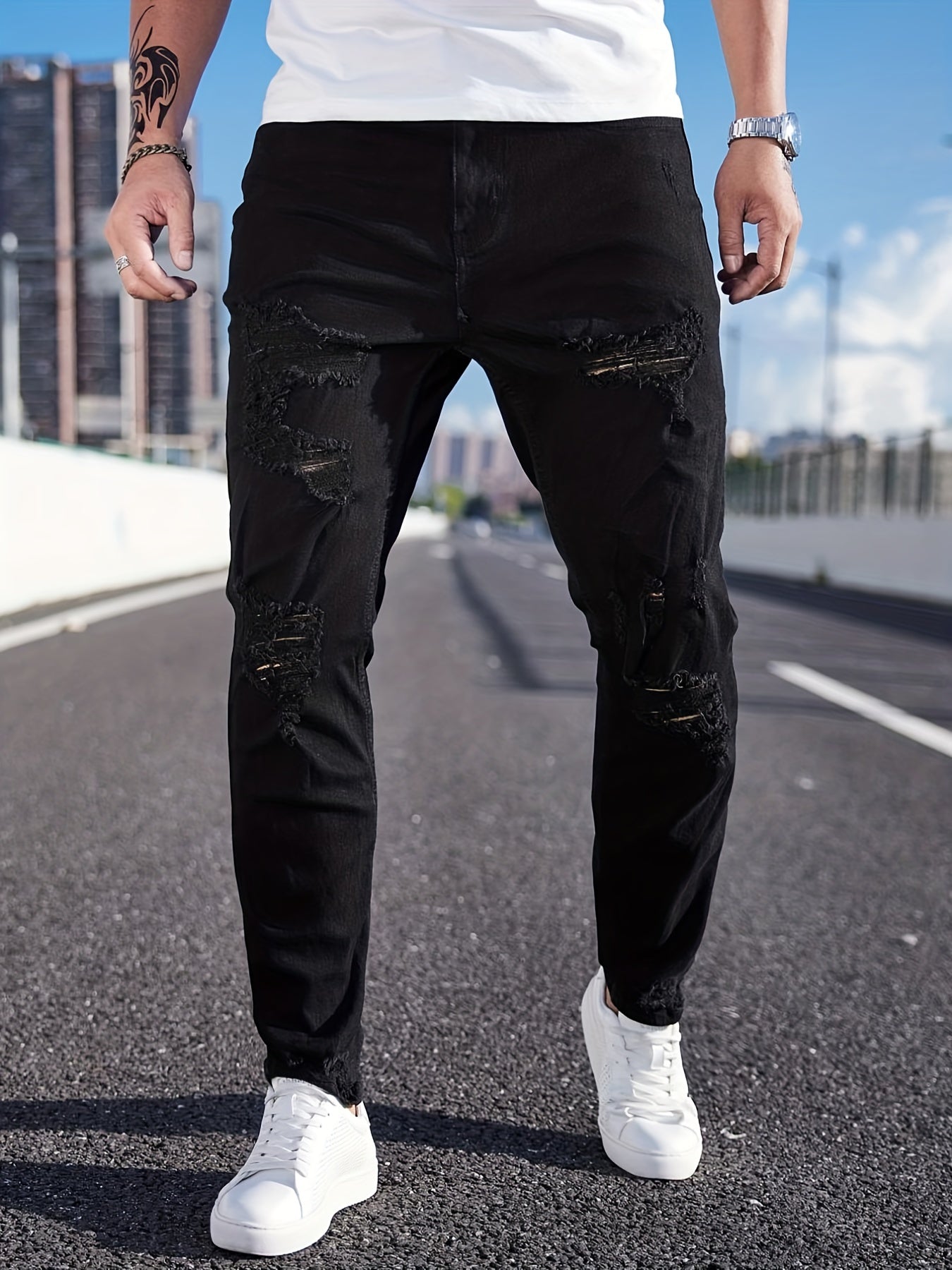 Men's Ripped Jeans Casual Street Style Stretch Denim Pants