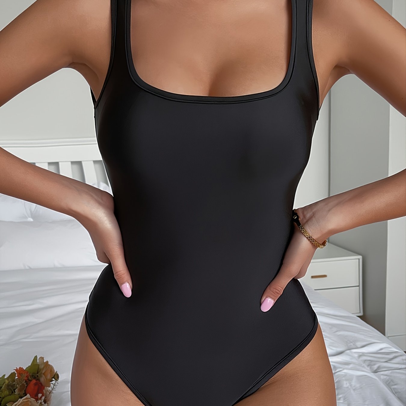 Solid Stretchy Skinny Sleeveless Square Neck Bodysuit